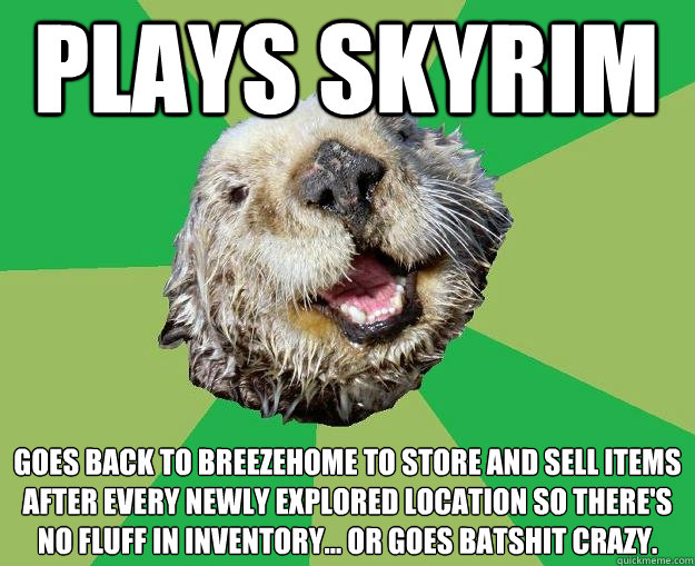 Plays Skyrim Goes back to Breezehome to store and sell items after every newly explored location so there's no fluff in inventory... or goes batshit crazy.   OCD Otter