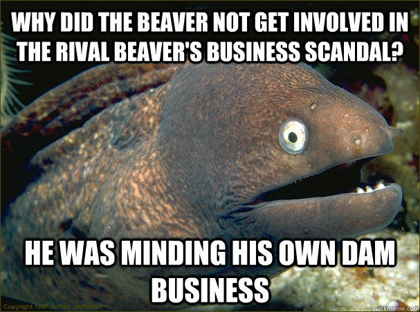 WHY DID THE BEAVER NOT GET INVOLVED IN THE RIVAL BEAVER'S BUSINESS SCANDAL? HE WAS MINDING HIS OWN DAM BUSINESS  Bad Joke Eel