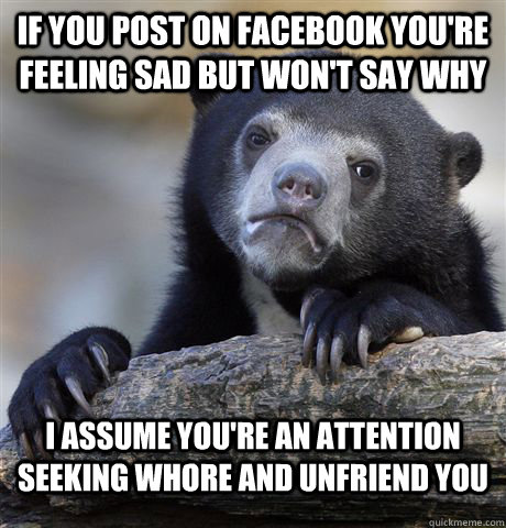 If you post on facebook you're feeling sad but won't say why I assume you're an attention seeking whore and unfriend you - If you post on facebook you're feeling sad but won't say why I assume you're an attention seeking whore and unfriend you  Confession Bear