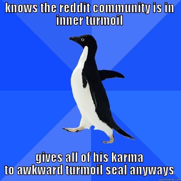 KNOWS THE REDDIT COMMUNITY IS IN INNER TURMOIL GIVES ALL OF HIS KARMA TO AWKWARD TURMOIL SEAL ANYWAYS Socially Awkward Penguin