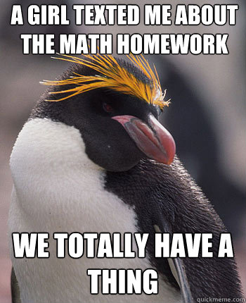 A girl texted me about the math homework We totally have a thing  Socially Overconfident Penguin