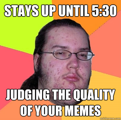 stays up until 5:30 judging the quality of your memes  Butthurt Dweller