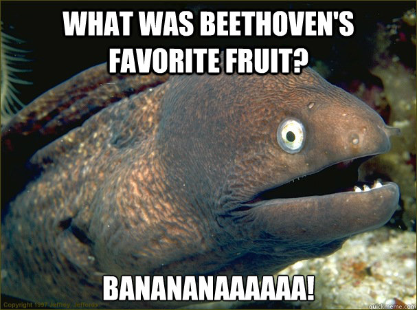 What was Beethoven's favorite fruit? BANANANAAAAAA! Caption 3 goes here  Bad Joke Eel