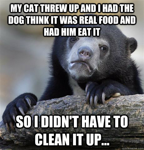 My cat threw up and I had the dog think it was real food and had him eat it so i didn't have to clean it up... - My cat threw up and I had the dog think it was real food and had him eat it so i didn't have to clean it up...  Confession Bear