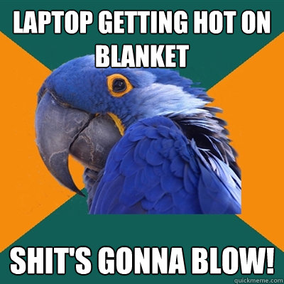 Laptop getting hot on blanket shit's gonna blow!  Paranoid Parrot