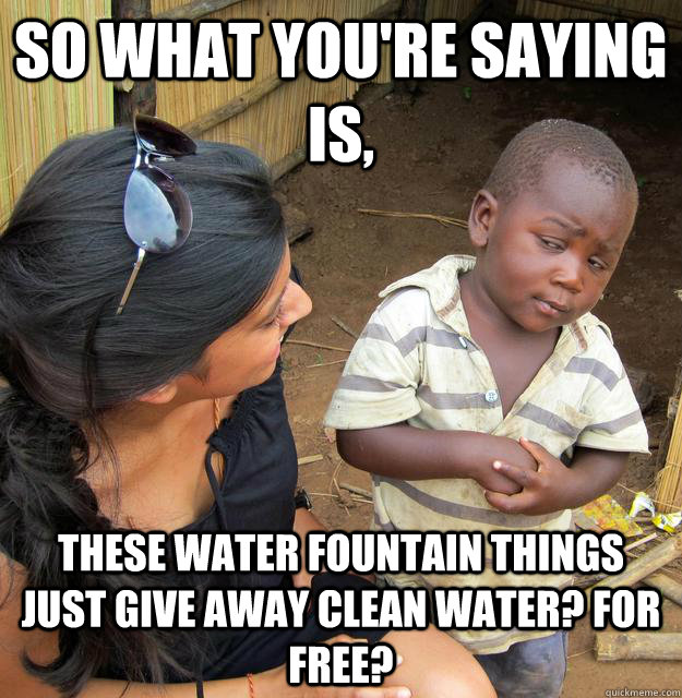 So what you're saying is, these water fountain things just give away clean water? for free?  Skeptical Third World Kid