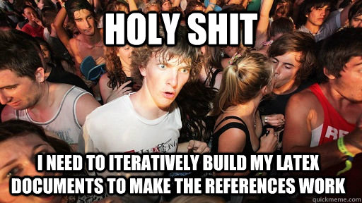 Holy shit I need to iteratively build my LATEX documents to make the references work  Sudden Clarity Clarence