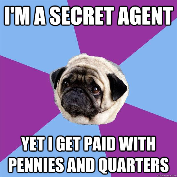 I'm a secret agent Yet I get paid with pennies and quarters  Lonely Pug