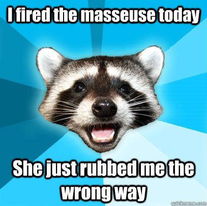 I fired the masseuse today She just rubbed me the wrong way  Lame Pun Coon