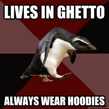 Lives in ghetto Always wear hoodies  Socially Insane Penguin