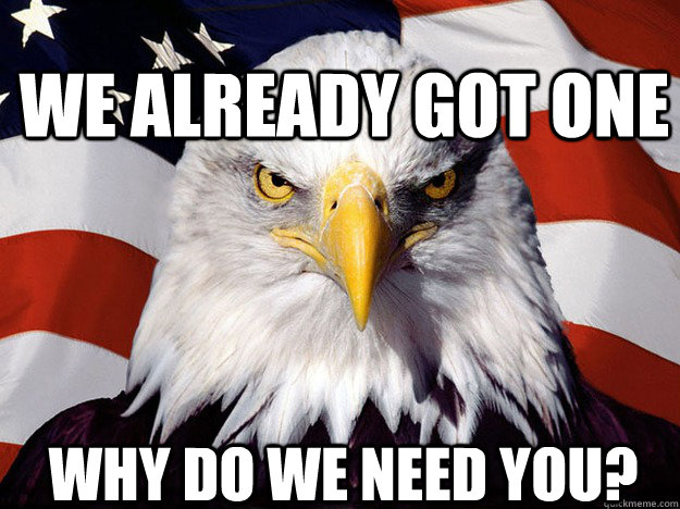 we already got one why do we need you?  Patriotic Eagle