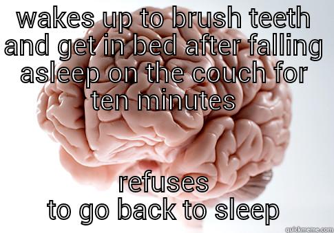 WAKES UP TO BRUSH TEETH AND GET IN BED AFTER FALLING ASLEEP ON THE COUCH FOR TEN MINUTES REFUSES TO GO BACK TO SLEEP Scumbag Brain