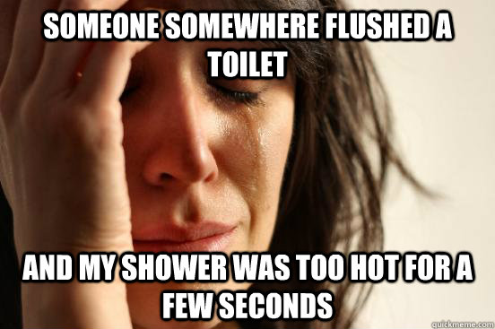 Someone somewhere flushed a toilet And my shower was too hot for a few seconds  First World Problems