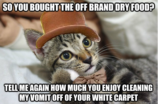 So you bought the off brand dry food? Tell me again how much you enjoy cleaning my vomit off of your white carpet  