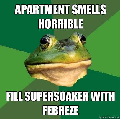 apartment smells horrible fill supersoaker with febreze  Foul Bachelor Frog