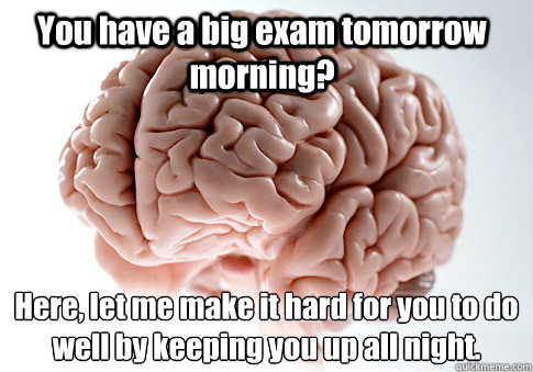 You have a big exam tomorrow morning? Here, let me make it hard for you to do well by keeping you up all night.   Scumbag Brain