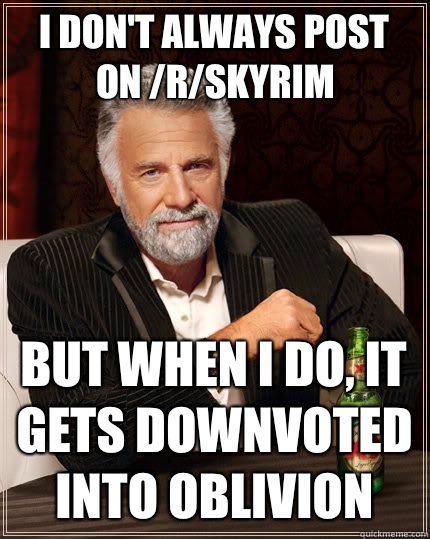 I don't always post on /r/skyrim But when i do, it gets downvoted into oblivion Caption 3 goes here  The Most Interesting Man In The World