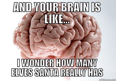THAT MOMENT WHEN YOU REALIZE FINALS ARE NEXT WEEK - AND YOUR BRAIN IS LIKE... I WONDER HOW MANY ELVES SANTA REALLY HAS Scumbag Brain