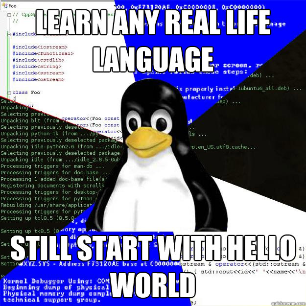 Learn any real life language still start with hello world - Learn any real life language still start with hello world  Computer Science Penguin