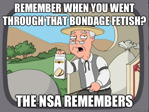 Remember when you went through that bondage fetish? The NSA remembers - Remember when you went through that bondage fetish? The NSA remembers  Pepperidge Farm Remembers