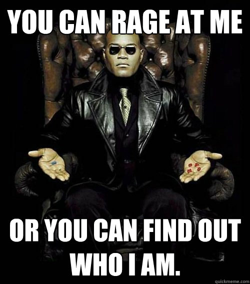 YOU CAN RAGE AT ME OR YOU CAN FIND OUT WHO I AM. - YOU CAN RAGE AT ME OR YOU CAN FIND OUT WHO I AM.  Morpheus