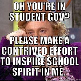 OH YOU'RE IN STUDENT GOV? PLEASE MAKE A CONTRIVED EFFORT TO INSPIRE SCHOOL SPIRIT IN ME.  Condescending Wonka