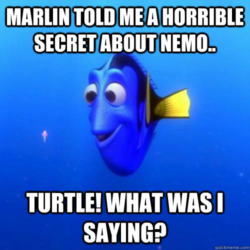 marlin told me a horrible secret about nemo.. turtle! what was i saying?  dory