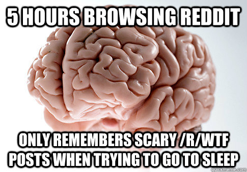 5 hours browsing reddit only remembers scary /r/wtf posts when trying to go to sleep - 5 hours browsing reddit only remembers scary /r/wtf posts when trying to go to sleep  Scumbag Brain
