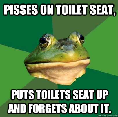 Pisses on toilet seat, Puts toilets seat up and forgets about it.  Foul Bachelor Frog