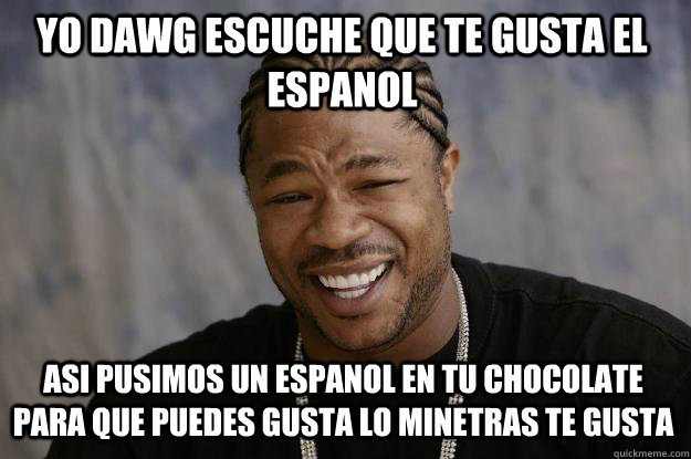 YO DAWG escuche que te gusta el Espanol asi pusimos un espanol en tu chocolate para que puedes gusta lo minetras te gusta  Xzibit meme