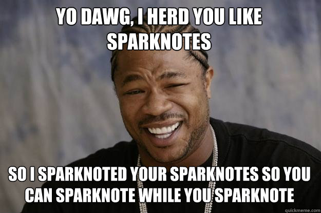 yo dawg, i herd you like sparknotes so i sparknoted your sparknotes so you can sparknote while you sparknote  Xzibit meme