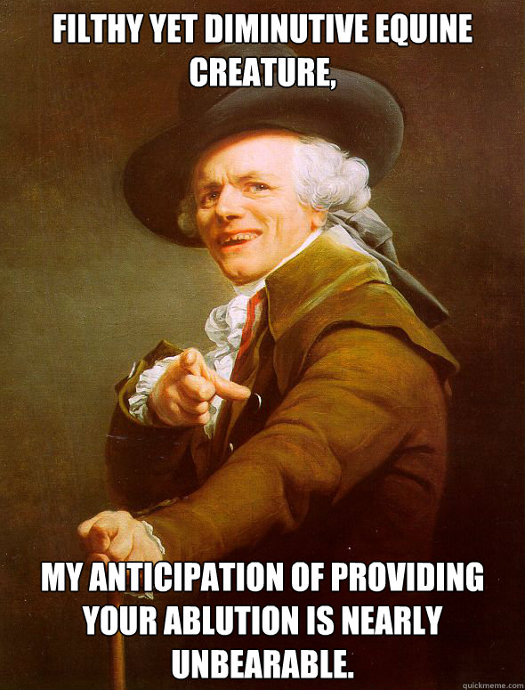 Filthy yet diminutive equine creature, my anticipation of providing your ablution is nearly unbearable.  Joseph Ducreux