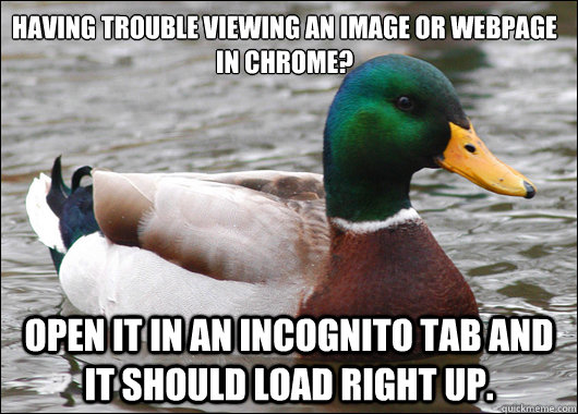 Having trouble viewing an image or webpage in chrome? Open it in an incognito tab and it should load right up.  Actual Advice Mallard