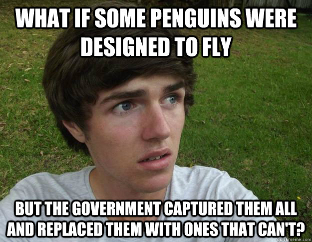 what if some penguins were designed to fly but the government captured them all and replaced them with ones that can't?  