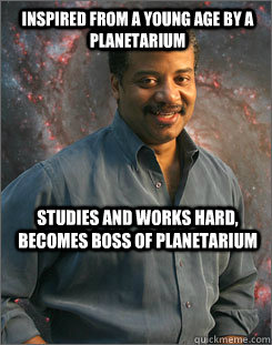 Inspired from a young age by a planetarium Studies and works hard, becomes boss of planetarium  