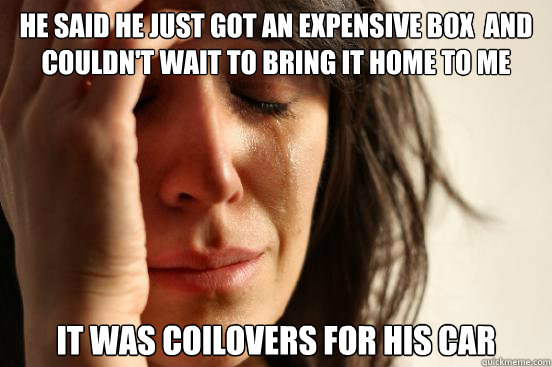 he said he just got an expensive box  and couldn't wait to bring it home to me it was coilovers for his car  First World Problems