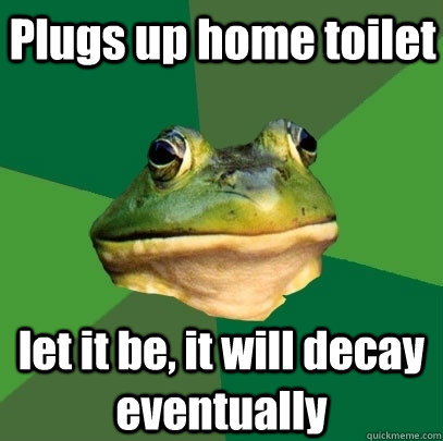 Plugs up home toilet let it be, it will decay eventually  Foul Bachelor Frog