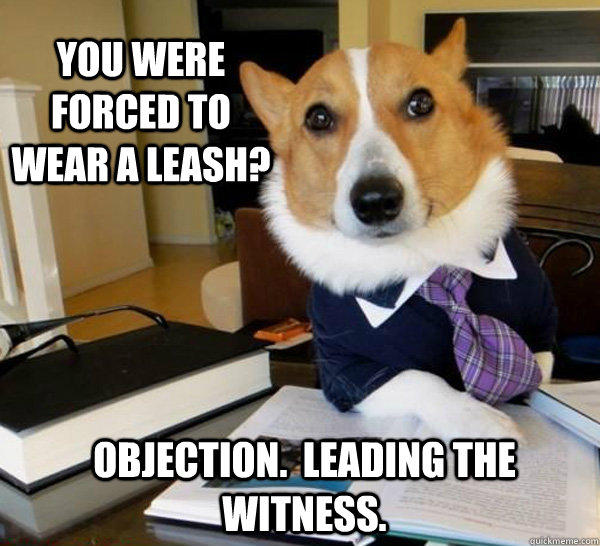 You were forced to wear a leash? Objection.  Leading the witness. - You were forced to wear a leash? Objection.  Leading the witness.  Lawyer Dog