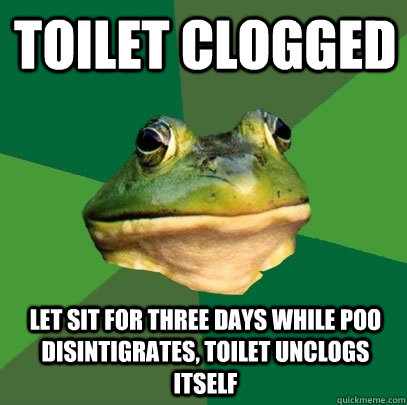 Toilet Clogged Let sit for three days while poo disintigrates, Toilet unclogs itself  Foul Bachelor Frog