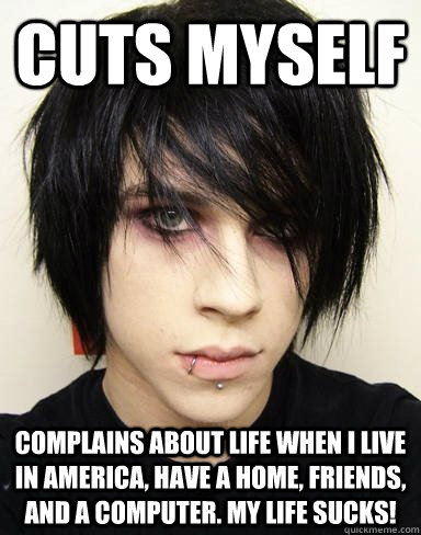 cuts myself Complains about life when i live in America, have a home, friends, and a computer. my life sucks!  Emo Kid