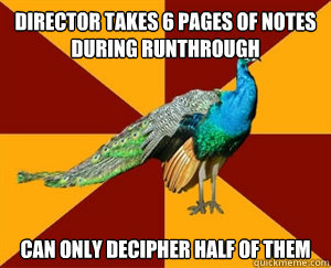 director takes 6 pages of notes during runthrough can only decipher half of them  Thespian Peacock