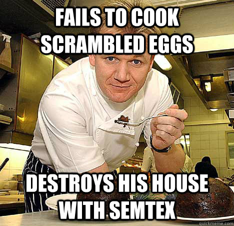 Fails to cook scrambled eggs Destroys his house with semtex  Psychotic Nutjob Gordon Ramsay