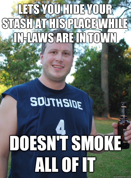 Lets you hide your stash at his place while in-laws are in town Doesn't smoke all of it  Semi-Courteous Chris