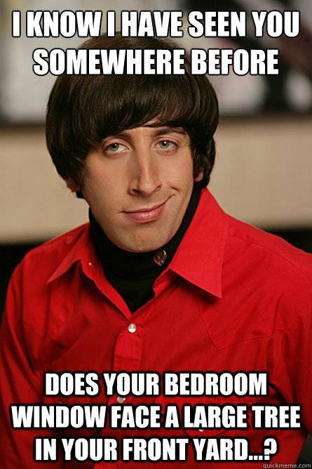 I know I have seen you somewhere before Does your bedroom window face a large tree in your front yard...? - I know I have seen you somewhere before Does your bedroom window face a large tree in your front yard...?  Pickup Line Scientist