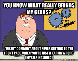 You Know What really grinds my gears? *insert comment about never getting to the front page, when you're just a karma whore* (myself included)  Grinds my gears