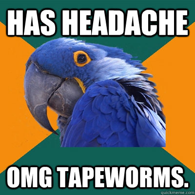 Has HEadache OMG Tapeworms.   Paranoid Parrot