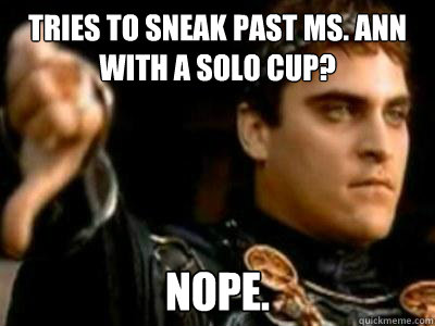 Tries to sneak past Ms. Ann with a solo cup? Nope.  Downvoting Roman