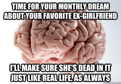 Time for your monthly dream about your favorite ex-girlfriend I'll make sure she's dead in it just like real life, as always  Scumbag Brain
