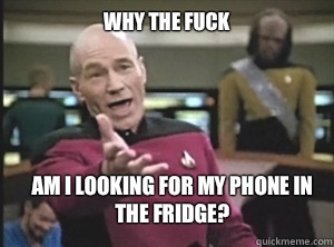 why the fuck Am I looking for my phone in the fridge?  Annoyed Picard