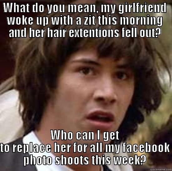 WHAT DO YOU MEAN, MY GIRLFRIEND WOKE UP WITH A ZIT THIS MORNING AND HER HAIR EXTENTIONS FELL OUT? WHO CAN I GET TO REPLACE HER FOR ALL MY FACEBOOK PHOTO SHOOTS THIS WEEK? conspiracy keanu